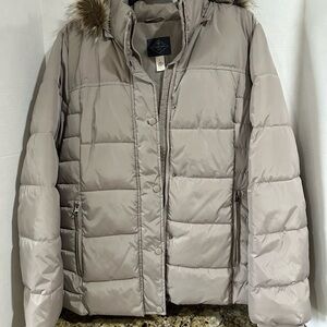 St. John's Bay Beige Puffer Jacket with Faux Fur Hood